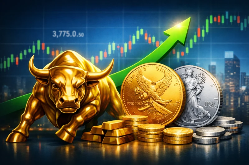 stock market bull or a goldsilver coin with a rising arrow
