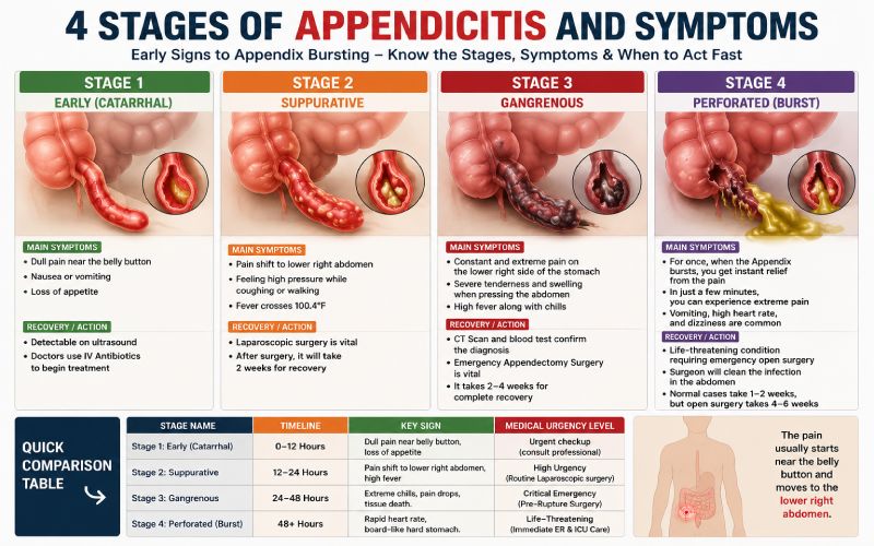 4 Stages of Appendicitis and Symptoms: Early Signs to Appendix Bursting