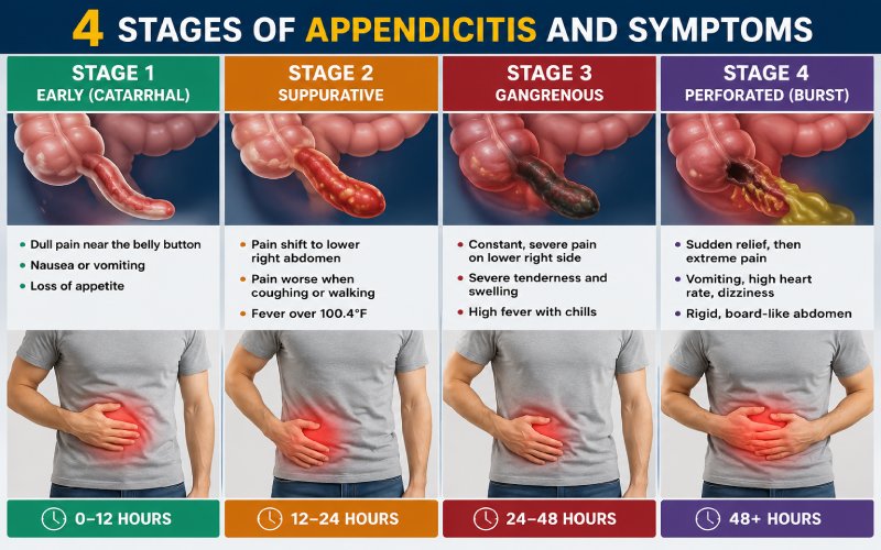 4 Stages of Appendicitis and Symptoms: Early Signs to Appendix Bursting 